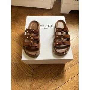 Celine Brown Leather Sandals with Gold Accents